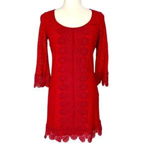 Laundry Shelli Segal Womens Red Lace Dress Bell Sleeve Scoop Neck size 2
